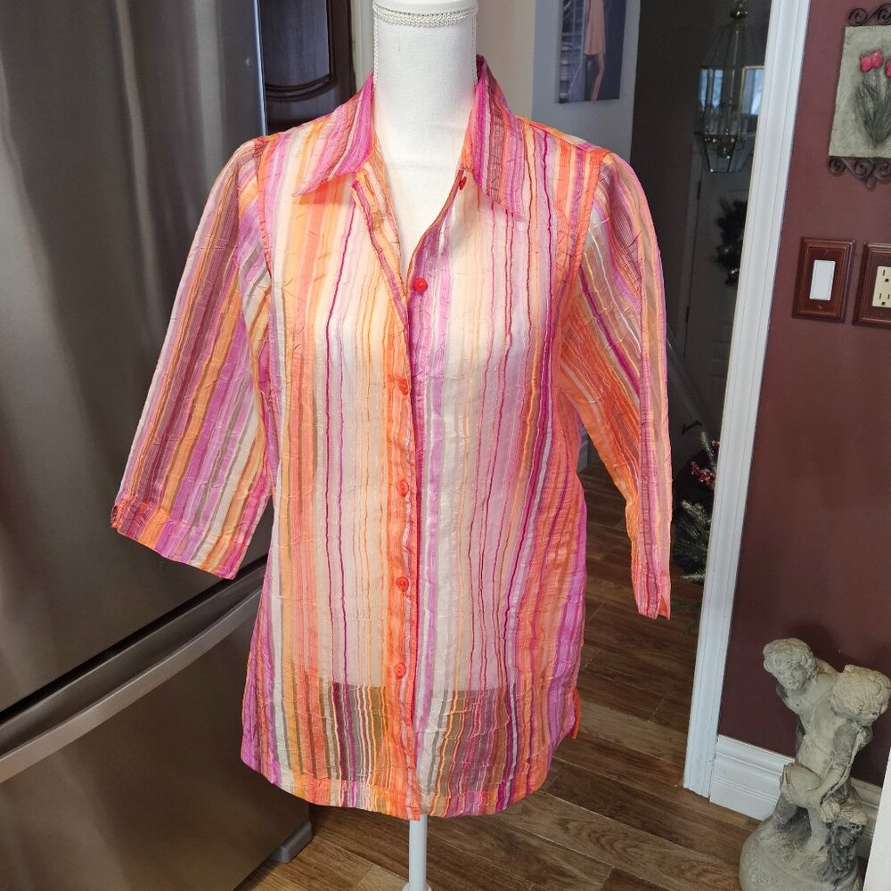 Tanjay striped button down semi sheer women's 3/4 sleeve top S/P